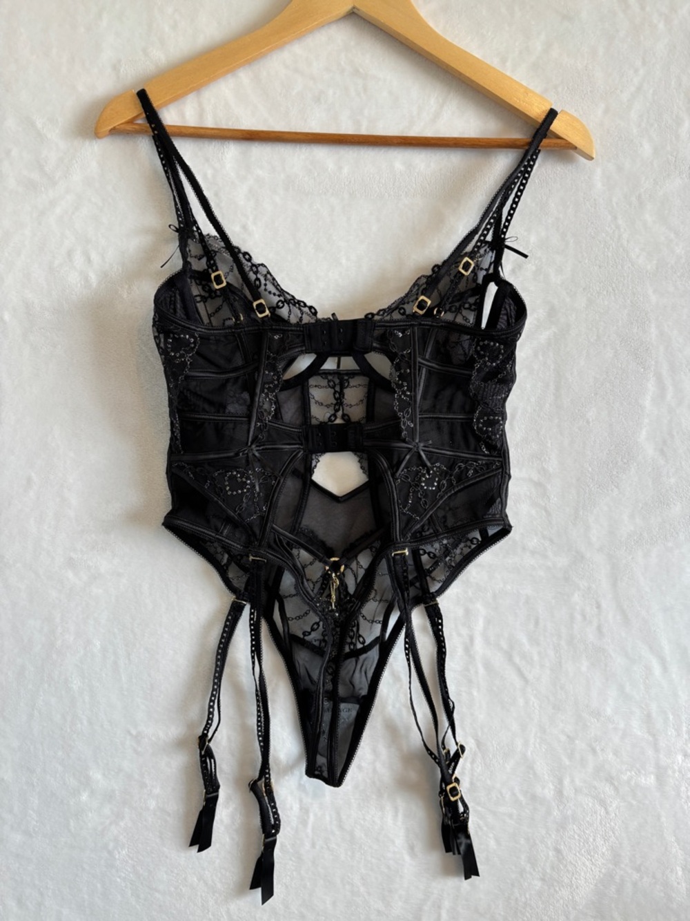 Lounge Vida Black Lace Sheer Bodysuit small - Picture 9 of 15
